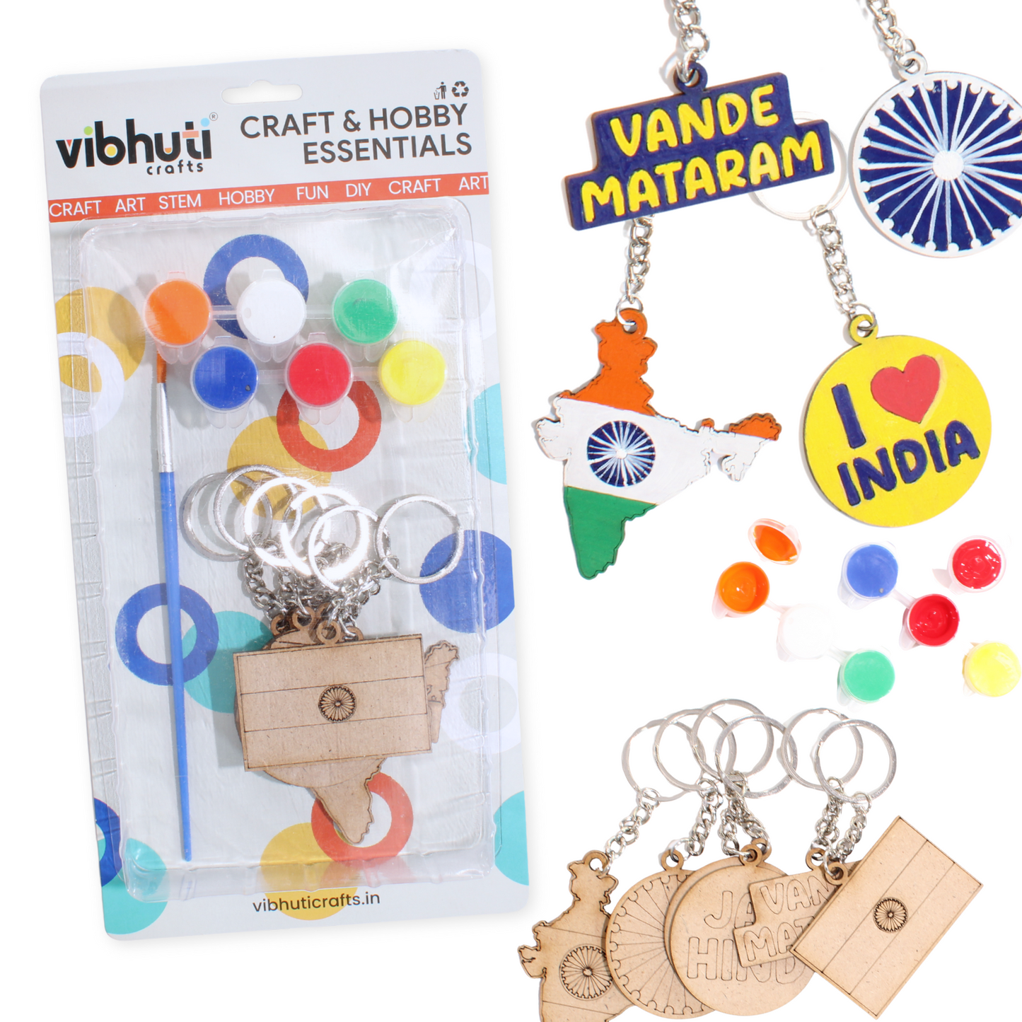 VibhutiCrafts Independence Day Keychain Painting Kit | Flag, Map, Jai Hind & More | Paints + Brush Included