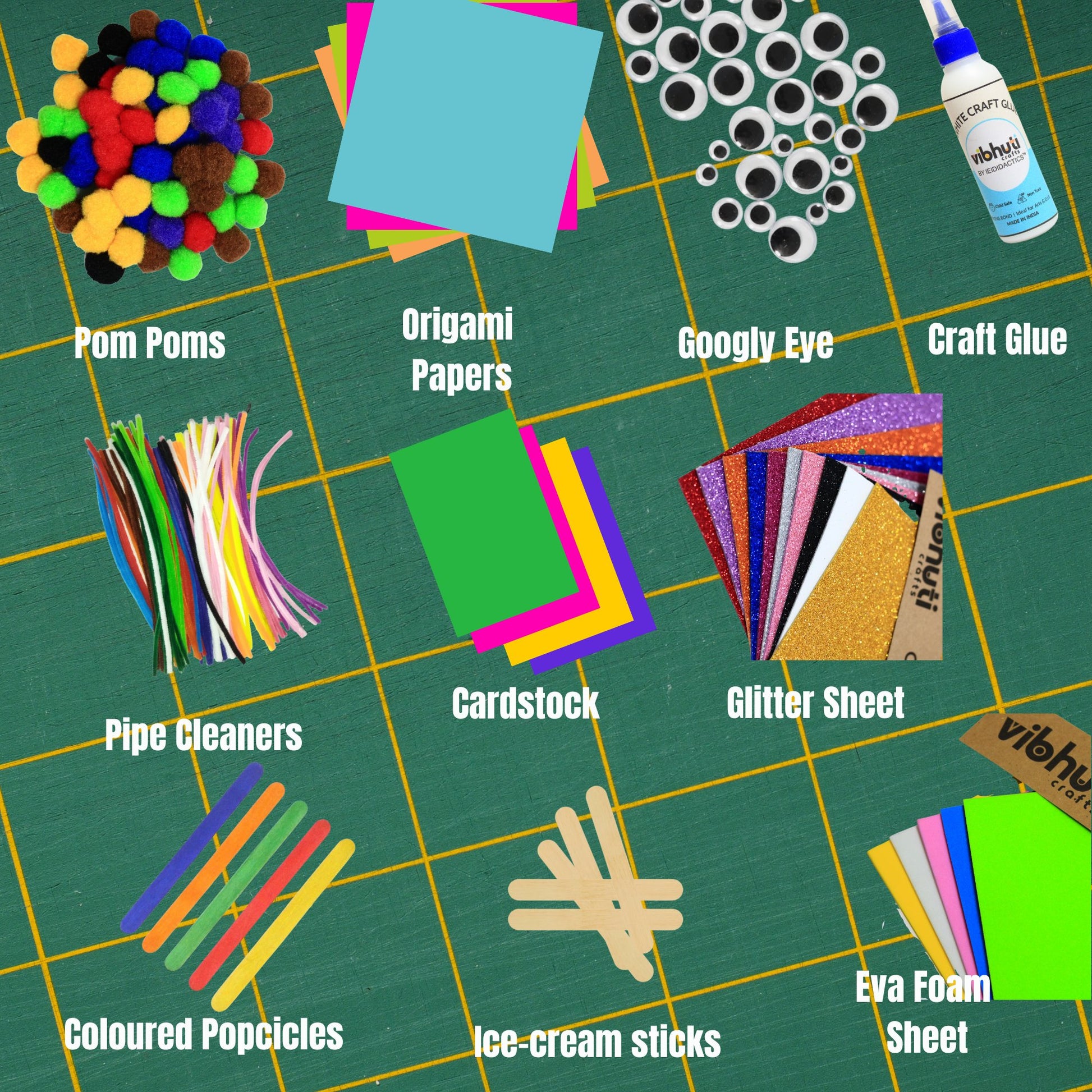 Craft 18-in-1 Bundle with 450+ items | Includes Pipe Cleaners, Pom Poms, Googly Eyes, Cardstock, Ice Cream Sticks, Origami Papers, Glitter Foam, and More! DIY Supplies for Boys & Girls by Vibhuti Crafts - MySkillShaala