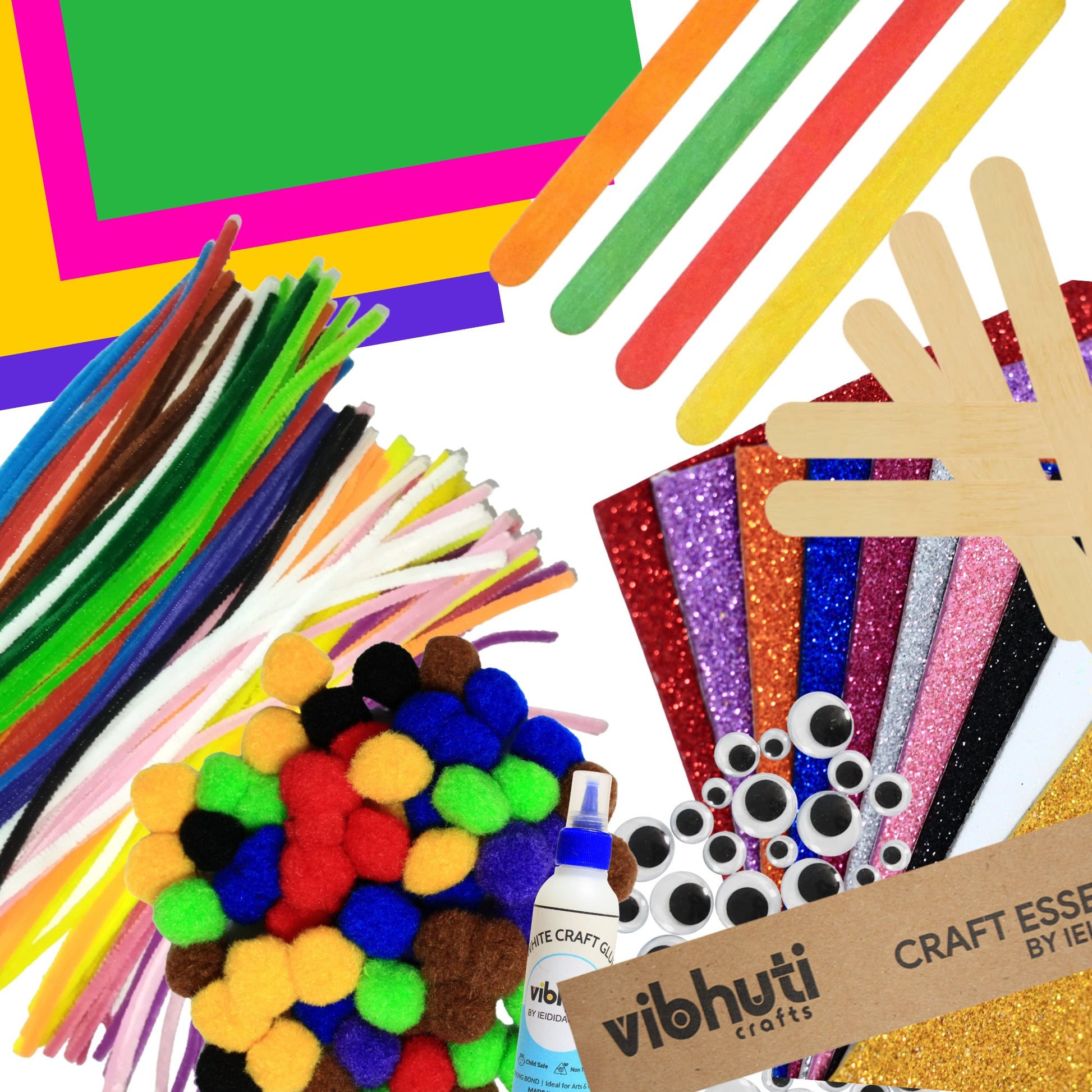 Craft 18-in-1 Bundle with 450+ items | Includes Pipe Cleaners, Pom Poms, Googly Eyes, Cardstock, Ice Cream Sticks, Origami Papers, Glitter Foam, and More! DIY Supplies for Boys & Girls by Vibhuti Crafts - MySkillShaala