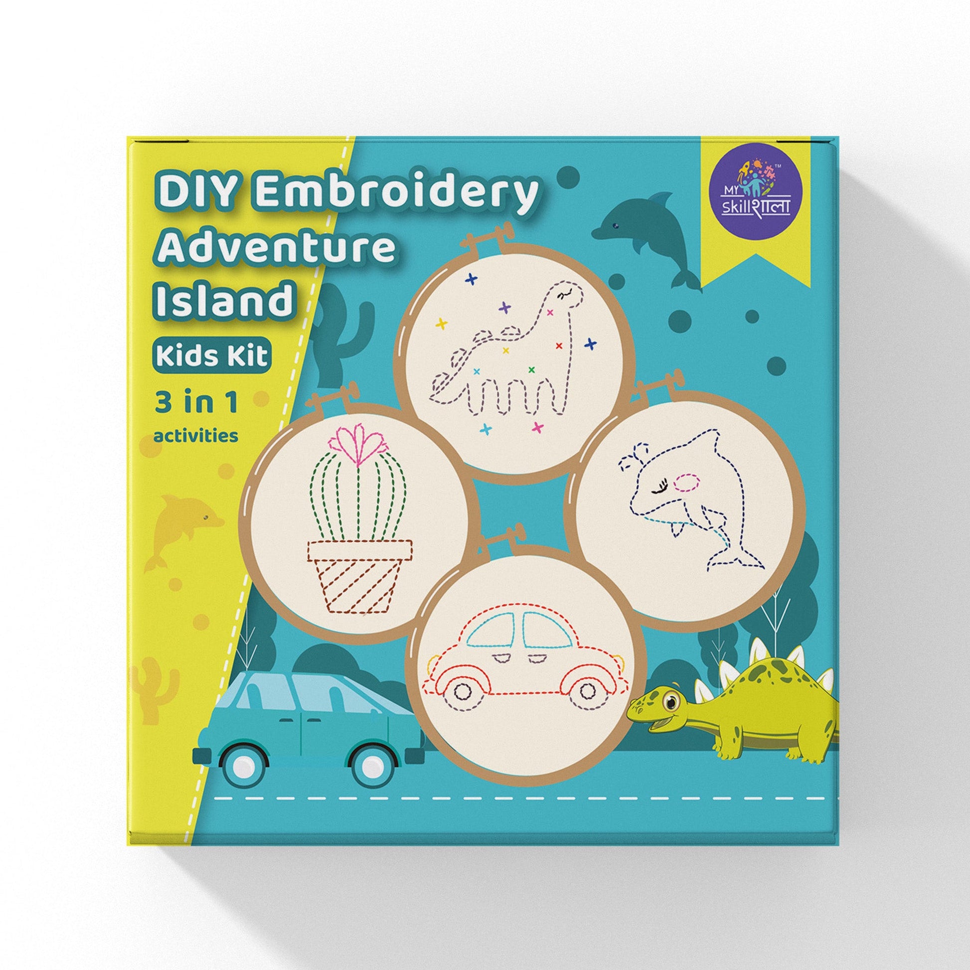 Embroidery Adventure Kit for Kids - Includes Hoop, Printed Cloth, and Threads for Stitching Cars, Cacti, Dinosaurs, and Dolphins - MySkillShaala