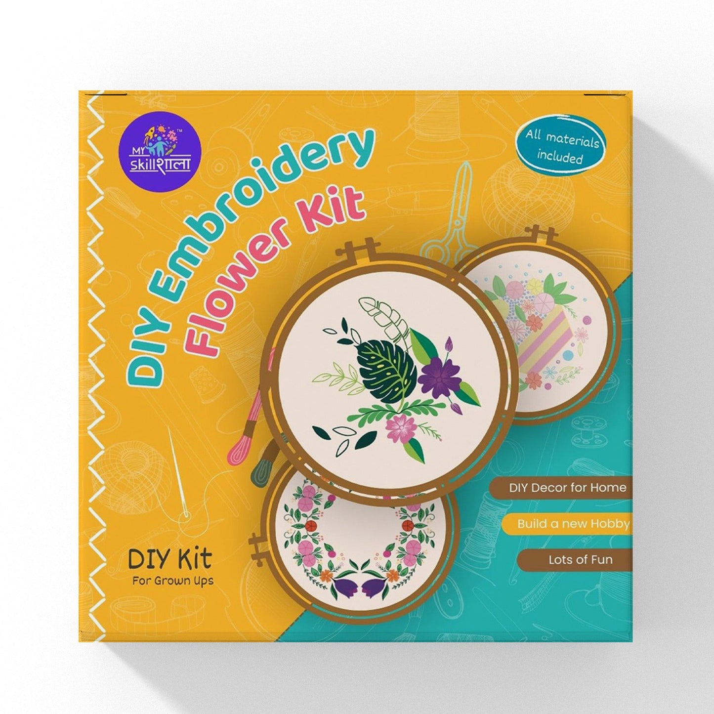 MySkillShaala Embroidery Flower Kit - DIY Sewing Kit for Adults, Handmade Sewing with Embroidery Patterns, Designs, Hoops and Threads - MySkillShaala