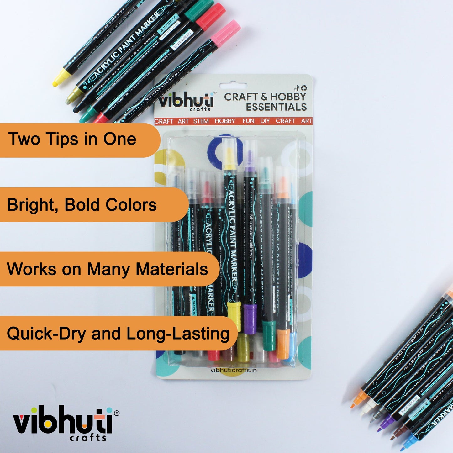 Vibhuti Crafts Acrylic Markers Set of 12 - Dual Tip Paint Pens for DIY Crafts - MySkillShaala